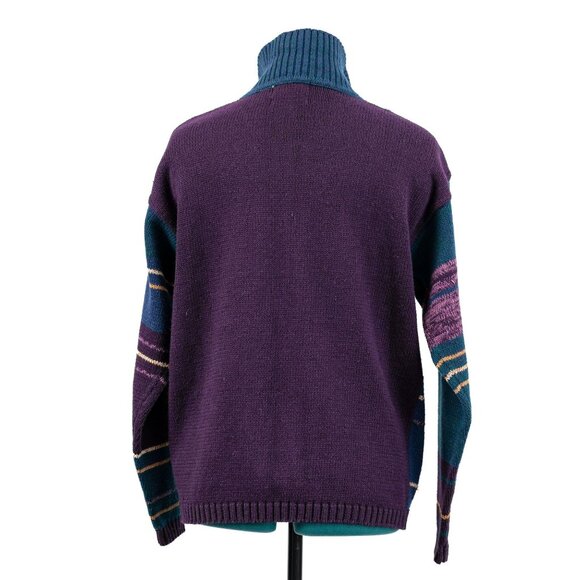 Vintage 90s Hand Knit Purple and Blue Long Sleeve Sweater Cardigan - Picture 2 of 3